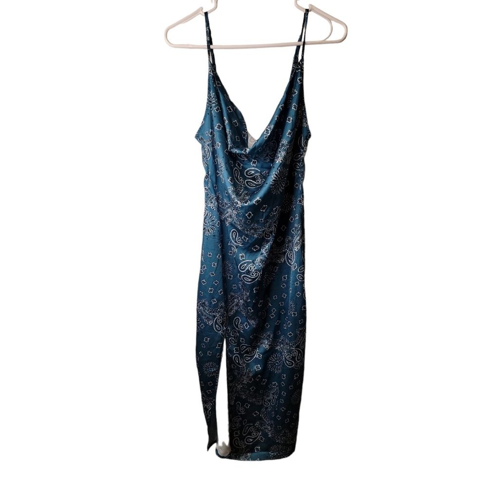 Pretty Little Thing Size 6 Midi Dress Blue Bandana Strappy Satin Cowl Neck NWT